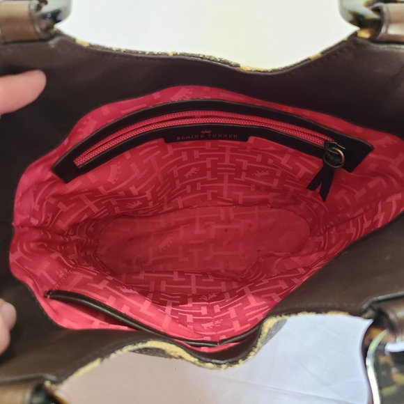 Elaine Turner Safari Giraffe Print Raffia Faux Turquoise Double Handled Handbag - Picture 5 of 9